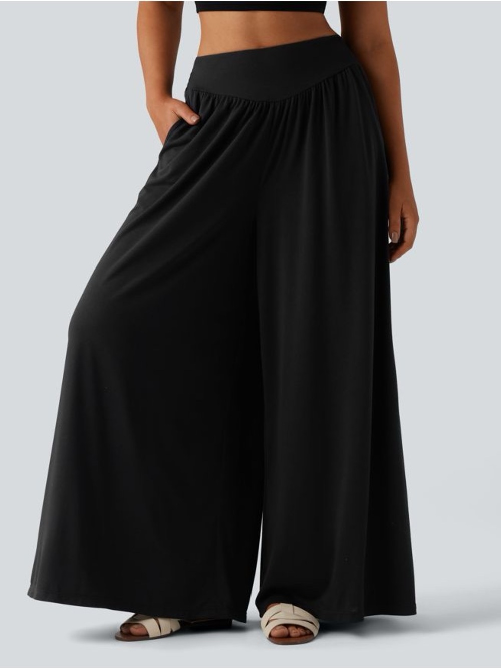 NWT High Waisted Shirred Flowy Baggy Pants with Pockets Black Sz Small